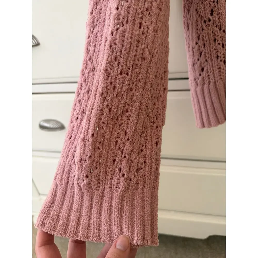 American Eagle Rose Pink Sweater Size Large Pointelle Crew Neck Lacy Twee Fairy